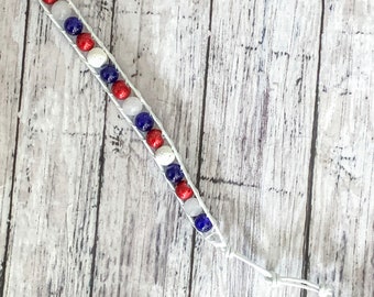 Red White Blue Beaded Bracelet: Leather USA Flag Aromatherapy