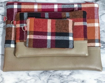 Fall plaid zipper bag, Small plaid coin purse, medium leather and plaid makeup case, Red and Orange plaid travel case, Pick a size or set
