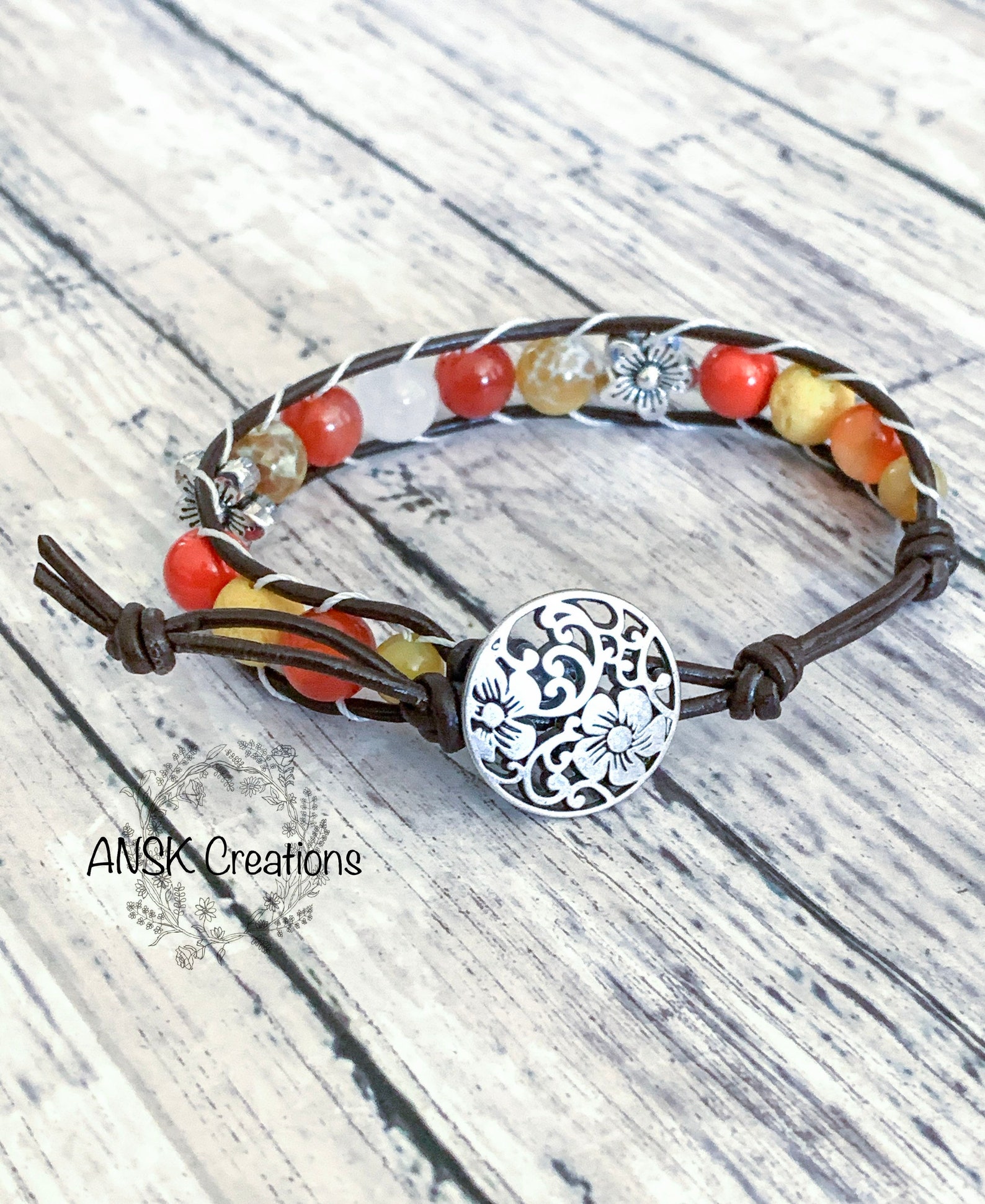 Orange and Yellow Flower Bracelet, Sunflower Essential Oil Bracelet, Gift for Her, Summer Time ...