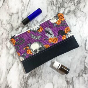 Witchy Makeup Bag, Spooky Essential Oil Case, Palm reading and Raven bag, Skull and Rose bag with pockets