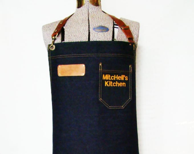 Personalized Embroidered Denim and leather Apron with detachable belts, towel/tool ring Unisex. Chef, Vendor, Cook, Caterer. Made in Canada