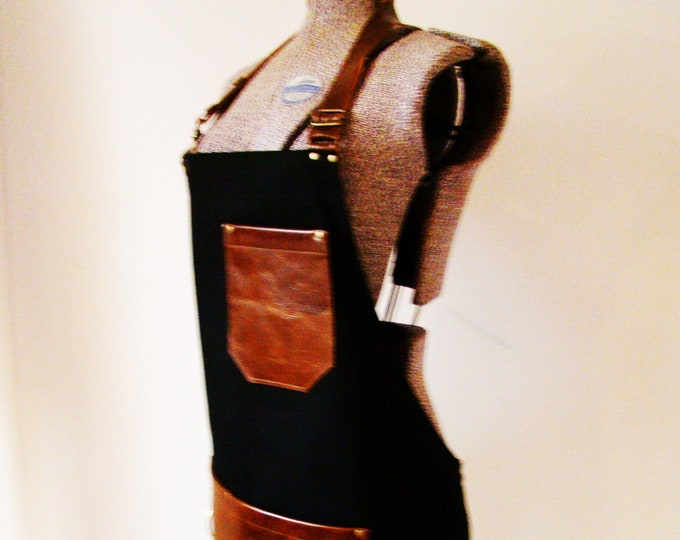 Plus Size Black Bull Denim and Brown Leather pocket Apron with a towel/tool ring. Unisex, Made in Canada. Food service uniform, Chefs.