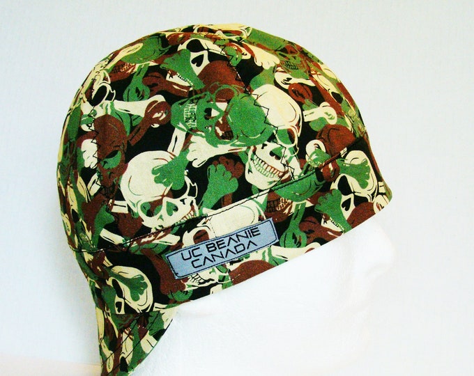 Green Camo Skulls welders cap hard hat liner reversible beanie skull cap construction tradesman gas fitter biker