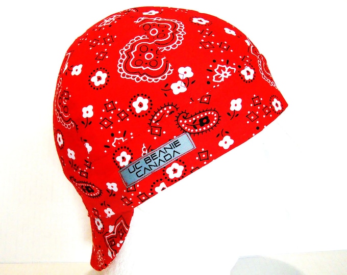 Red Paisley Bandanna welders cap hard hat liner reversible beanie skull cap construction tradesman gas fitter biker