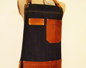 Plus Size Denim and Leather pocket Apron with a towel/tool ring. Personalized. Unisex, Workshop, Vendor, Chef, Made in Canada.