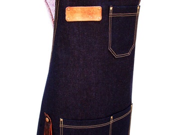 Denim Apron with detachable leather belts and towel/tool ring Unisex Personalized, Chef, Vendor, BBQ, DIY, Caterer. Carpenter.Made in Canada