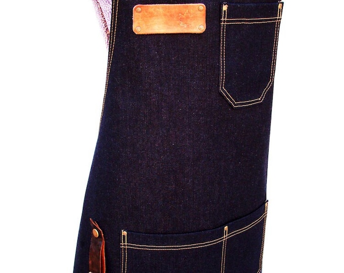 Personalized Plus Size Denim Apron with detachable leather belts and a towel/tool ring. Unisex, Made in Canada. Studio, workshop, Kitchen.