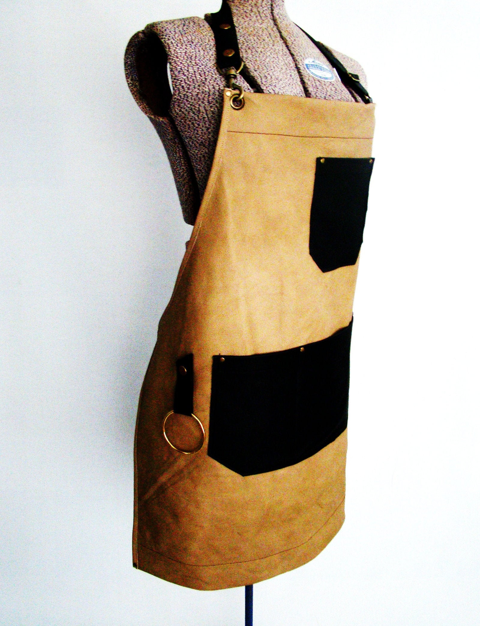 Tan and Black Leather Apron, Size Med, Personalized, Made in
