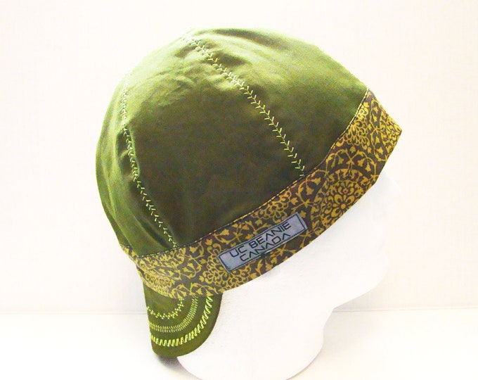 Green Bandanna band/deco stitch welders cap hard hat liner reversible beanie skull cap construction tradesman gas fitter biker