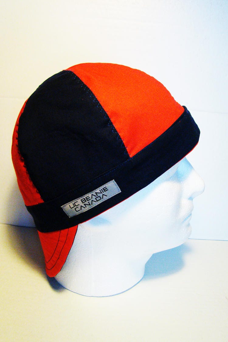 Red and Navy welders cap hard hat liner reversible beanie skull cap