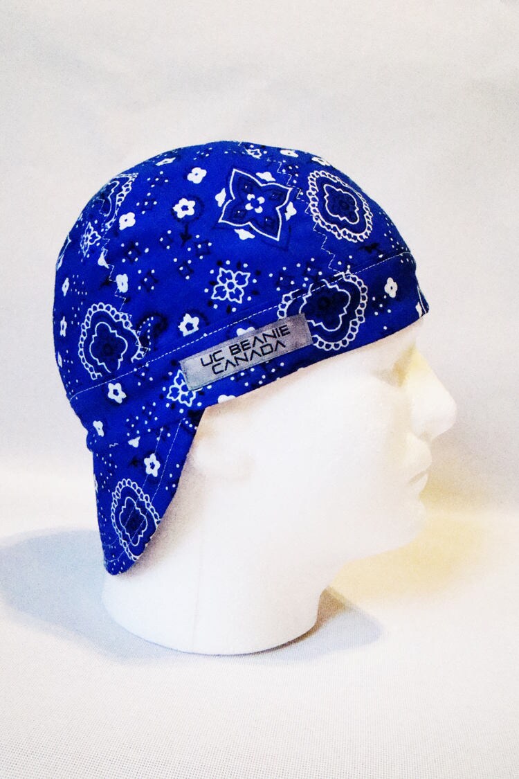 Blue Bandanna welders cap hard hat liner reversible beanie skull cap