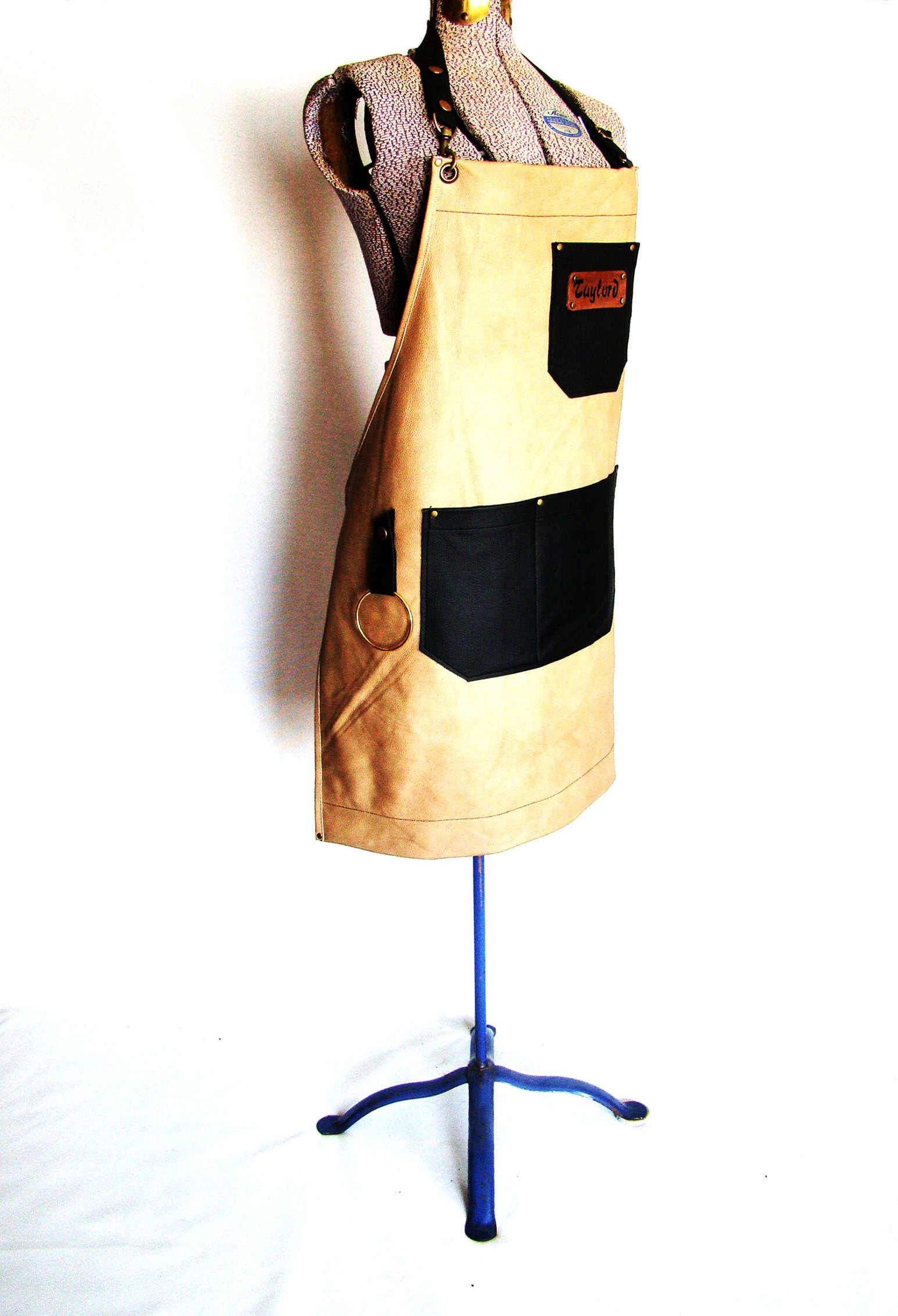 Tan and Black Leather Work shop Apron Personalized Made 