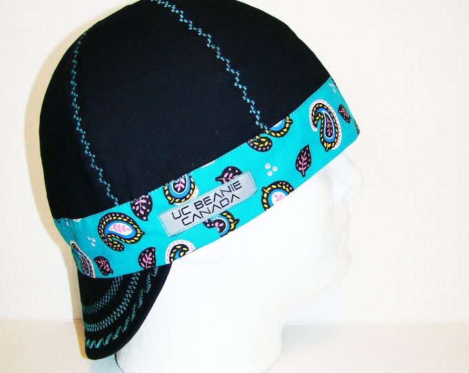 Teal Bandanna band/deco stitch welders cap hard hat liner reversible beanie skull cap construction tradesman gas fitter biker