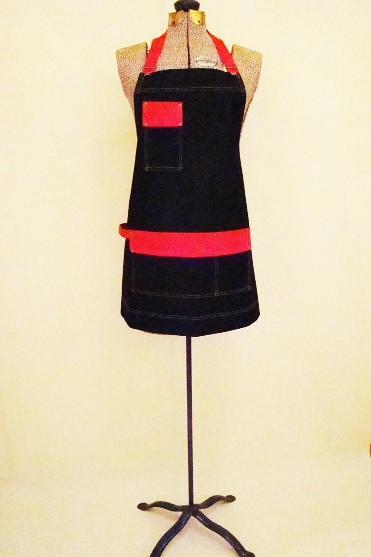 Unisex Denim and Red Apron Made in Canada, vendor, caterer, work shop