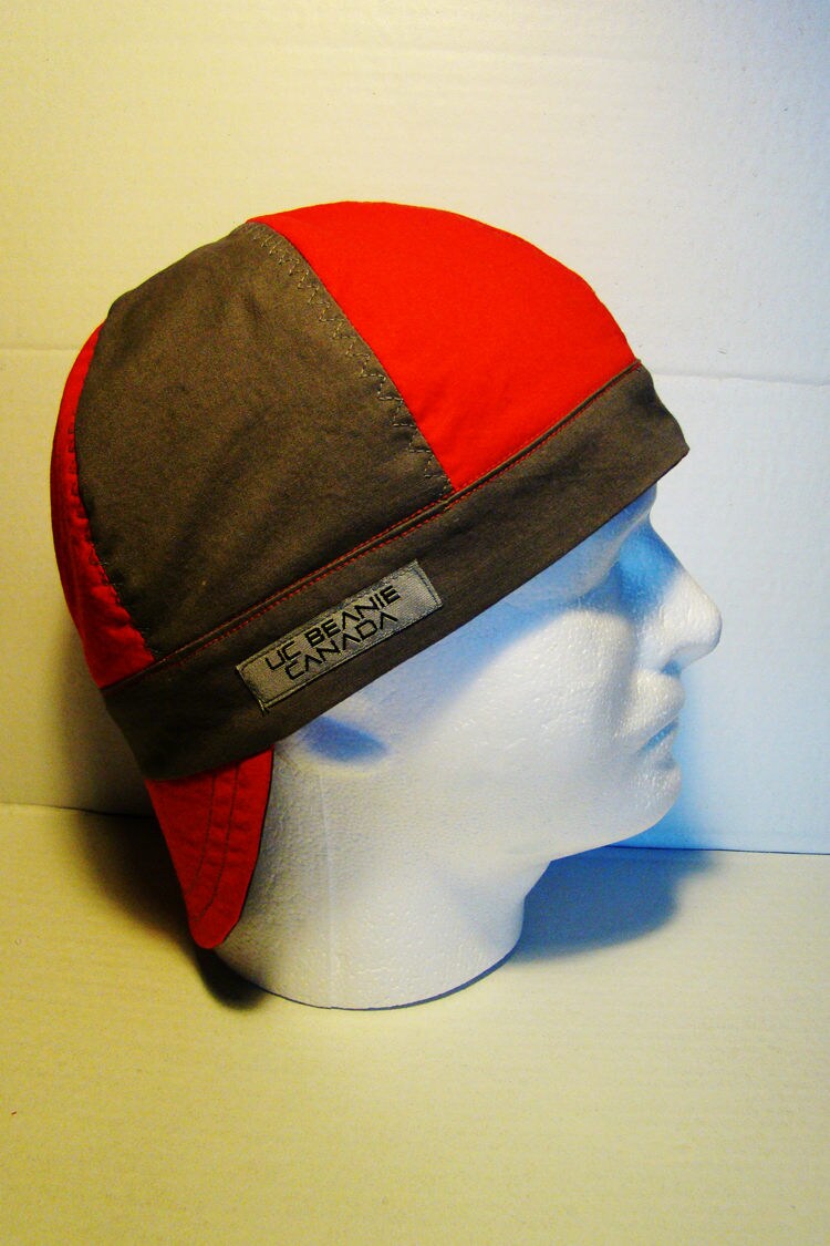 Red and Grey welders cap hard hat liner reversible beanie skull cap