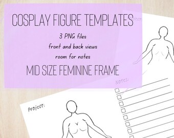 Szablon postaci cosplay i mody, planer cosplay, projekt mody, widok z przodu i z tyłu, miejsce na notatki, rozmiar włącznie, mężczyzna i kobieta.