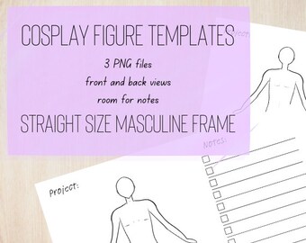 Szablon postaci cosplay i mody, planer cosplay, projekt mody, widok z przodu i z tyłu, miejsce na notatki, rozmiar włącznie, mężczyzna i kobieta.