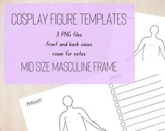 Szablon postaci cosplay i mody, planer cosplay, projekt mody, widok z przodu i z tyłu, miejsce na notatki, rozmiar włącznie, mężczyzna i kobieta.