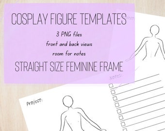 Szablon postaci cosplay i mody, planer cosplay, projekt mody, widok z przodu i z tyłu, miejsce na notatki, rozmiar włącznie, mężczyzna i kobieta.