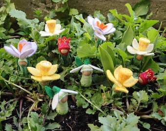 Waldorf inspired flower peg dolls: snowdrop, daffodil, crocus and tulip