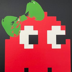 DEATH NYC Hand-Signed Limited Edition, Numbered with COA - Invader&#39;s Pac-Man Red Ghost on Black