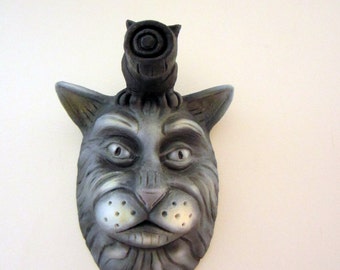 Here Kitty Kitty. Cat Head Wall Art. Ceramic Sculpture. Pop Surrealism. Kathleen McGiveron. 12.5”h x 8”w x 6”d