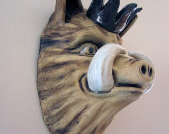 King Pig, Hog Head Wall Piece. Ceramic Sculpture. Pop Surrealism. Kathleen McGiveron. 12”h x 8”w x 6”d