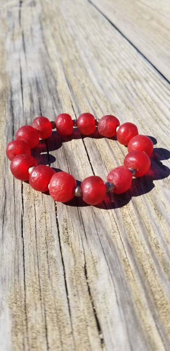 Red Krobos African Trade Bead Stretch Bracelet Recycled Glass Focal Bead Boho Jewelry Stretchy Layering Bracelet Ghana beads Tribal