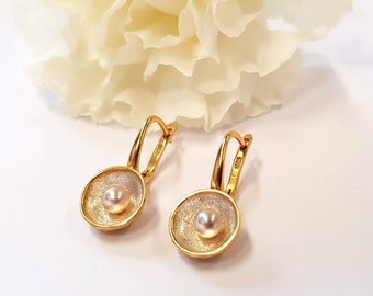 Pink Pearl Drop Earrings, Gold Pearl Earrings, Mom Gift
