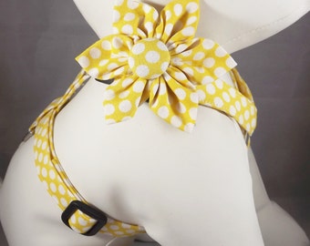 Yellow Dog Harness, Cat Harness, Step in Harness, polka dot adjustable harness, Pick Size and fabric, harness flower or bow tie included