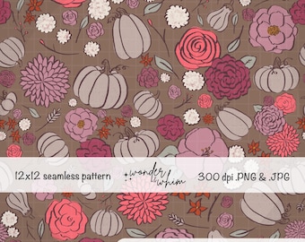 Pink Fall Floral Seamless Pattern | Hand-Drawn Pumpkin Autumn Digital Paper | Mauve Rose | Boho Cottagecore Thanksgiving | Commercial Use
