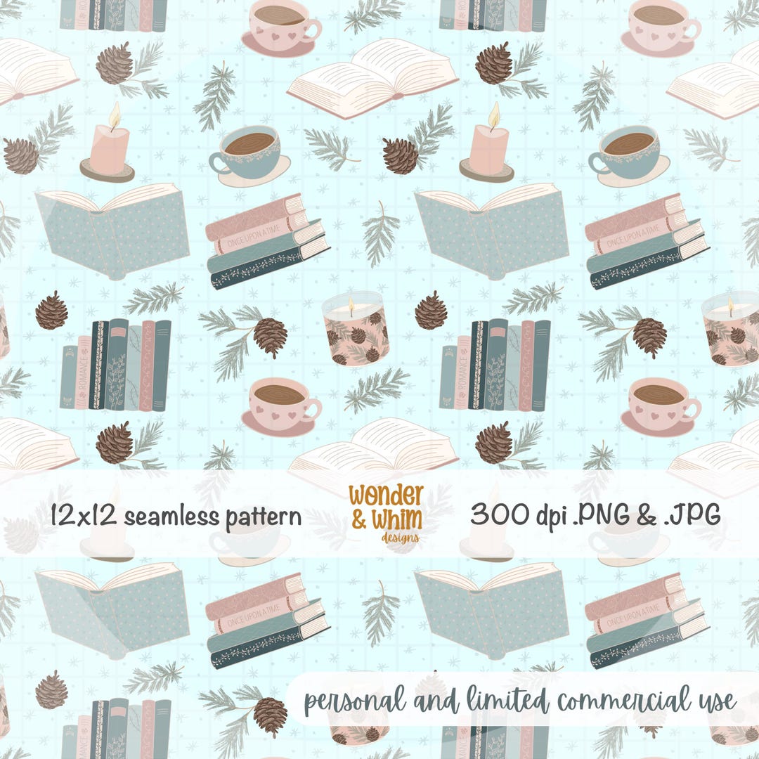 Bookish Seamless Pattern, Cozy Winter Book Lover Digital Paper, Reading ...