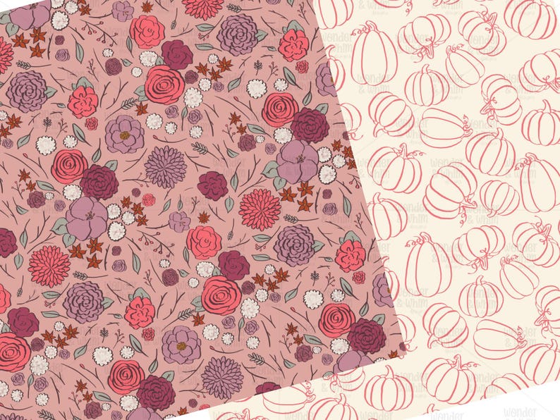 Fall Pink Floral Seamless Digital Paper Bundle, Autumn Seamless ...