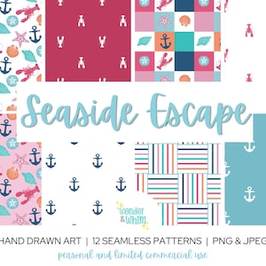 Digital papperskollektion Seaside Escape | Sömlösa kustmönster för scrapbooking, sublimering, tyg, kalenderklistermärken och festdekorationer