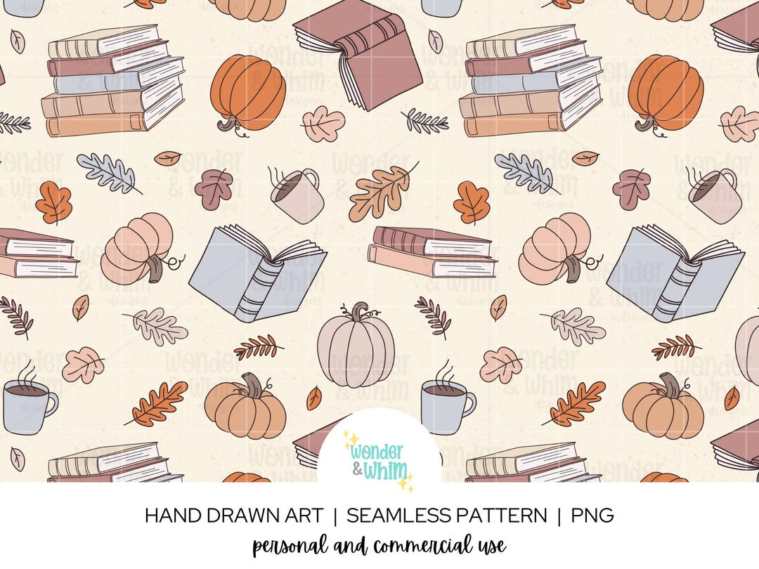 Cozy Bookish Fall Seamless Digital Paper Cute Autumn Pattern Hand-drawn ...