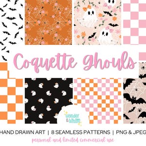 Peut inclure: Une collection numérique intitulée Coquette Ghouls comprenant huit motifs sans couture, incluant des chauves-souris noires sur fond blanc, des toiles d'araignées sur orange, des fantômes avec nœuds sur rose, et des damiers orange, rose et blanc.