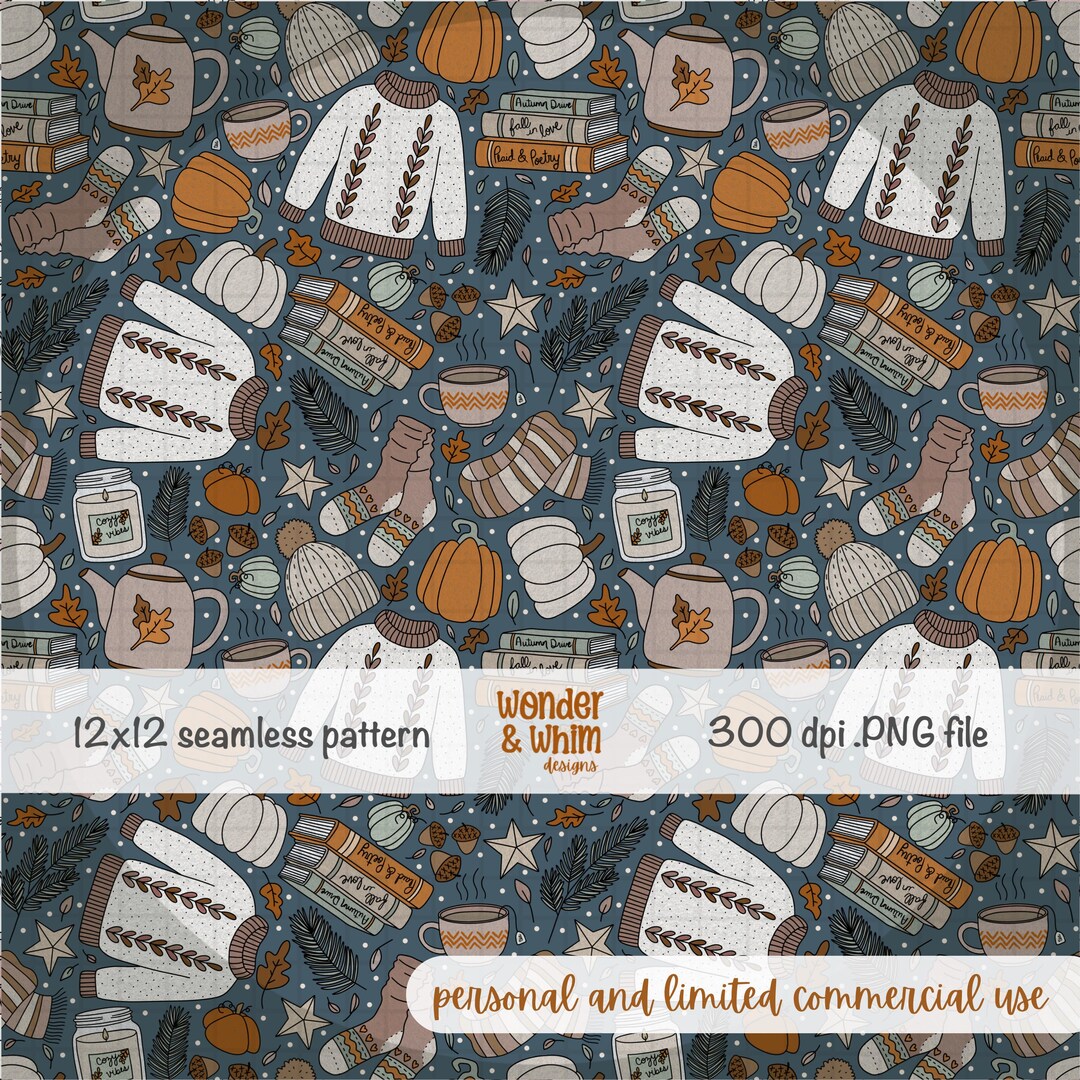 Cozy Fall Seamless Pattern, Bookish Autumn Hygge Digital Paper, Sweater ...