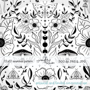 May include: A black and white seamless pattern featuring a central moth, moon phases, and floral elements. The design includes mushrooms, stars, and leaves. Text reads 12x12 seamless pattern, 300 dpi .PNG & .JPG, wonder & whim, and personal and limited commercial use.