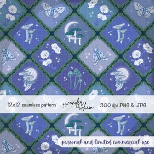 Moth Mushroom Seamless Pattern | Hand-Drawn Whimsigoth Digital Paper | Blue Lattice Celestial Dark Cottagecore Mystical Commercial Use