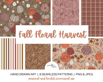 May include: A digital collection of eight seamless patterns titled Fall Floral Harvest, featuring hand-drawn illustrations of pumpkins, roses, chrysanthemums, leaves, and plaid stripes in shades of orange, brown, pink, and muted green.
