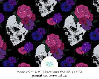 Dark Floral Skull Halloween Seamless Digital Paper, Halloween Patterns, Hand-drawn Skulls, Digital Scrapbook Paper, Dark Cottagecore