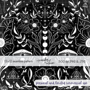Könnte beinhalten: Ein nahtloses Musterdesign mit weißen Linien auf einem schwarzen Rasterhintergrund. Die Illustration zeigt eine zentrale Motte, Mondphasen, Blumen, Blätter und Pilze. Der Text lautet 12x12 seamless pattern, wonder & whim, 300 dpi .PNG & .JPG, personal and limited commercial use.