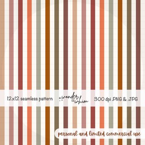 May include: A seamless pattern featuring vertical stripes in shades of terracotta, sage green, cream, and dark brown. The image includes the text 12x12 seamless pattern, wonder & whim, 300 dpi .PNG & .JPG, and personal and limited commercial use.