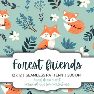 Cute Fall Seamless Digital Paper, Woodland Fox Pattern, Autumn Patterns, Hand-drawn Fox and Floral, Digital Scrapbook Paper