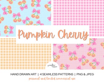 Coquette Halloween Seamless Pattern, Jack O Lantern Pumpkin Bow Digital Paper, Girly Cherry Pumpkin PNG, Pink Blue Sublimation Fabric