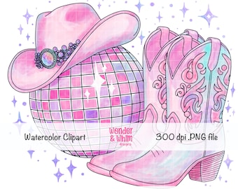 Watercolor Disco Western Cowgirl Clipart PNG