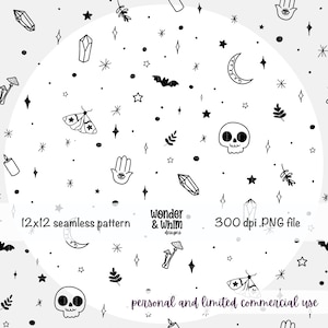 May include: A seamless pattern featuring black line art illustrations of skulls, moths, crescent moons, crystals, stars, candles, and hamsa hands on a white background. Text reads 12x12 seamless pattern, wonder & whim designs, 300 dpi .PNG file.