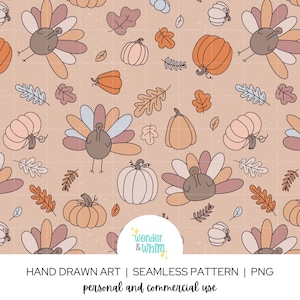 May include: A seamless pattern featuring cartoon turkeys, pumpkins, and leaves in shades of orange, brown, and cream on a beige background. The design includes hand-drawn elements, perfect for fall-themed projects.