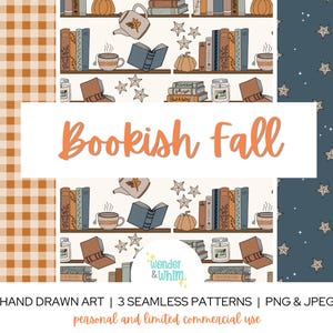 Bookish Fall Seamless Pattern Bundle, 3 Bookshelf Library Digital Papers, Book Lover Reader Autumn Star PNG, Cozy Sublimation Design