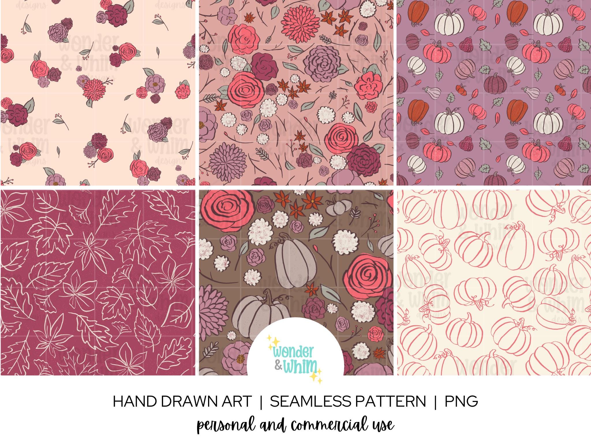 Fall Pink Floral Seamless Digital Paper Bundle, Autumn Seamless ...